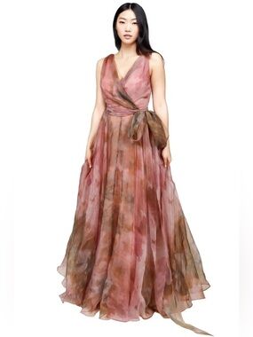 Rene Ruiz Collection Pink Sleeveless V-Neck Floral Watercolor Wrap Gown